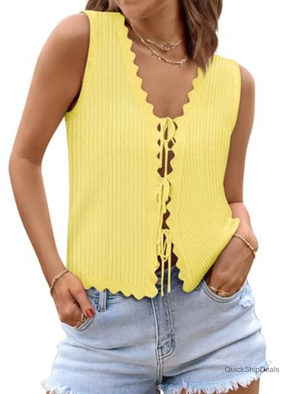 Tie Front Crochet Sweater Vest Women Knit Sleeveless V-Neck Casual Summer